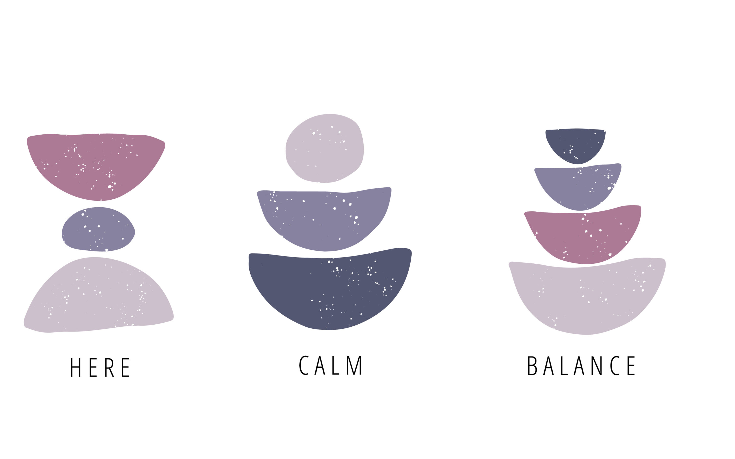 Motivational drawings of calm, here, now, and balance.